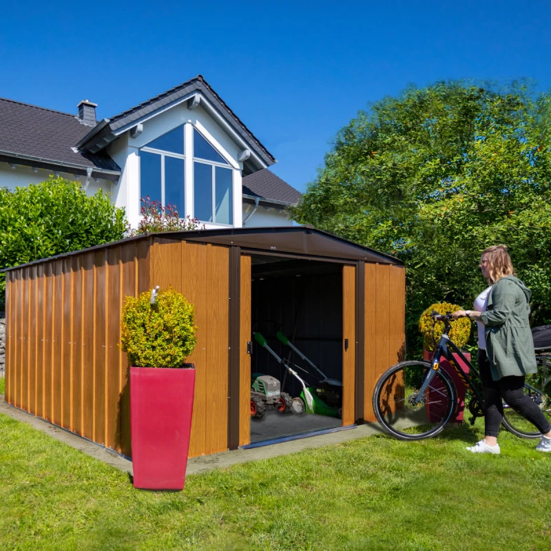 Abri De Jardin 11,58m² Toit Double Pente En Acier Galvanisé Aspect Bois Spacemaker 1 Abri De Jardin 11,58m² Toit Double Pente En Acier Galvanisé Aspect Bois Spacemaker