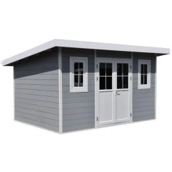 Abri De Jardin En Bois Composite 28mm Gris Clair 12m² PREMIUM Toit Plat - Woodlife Garden