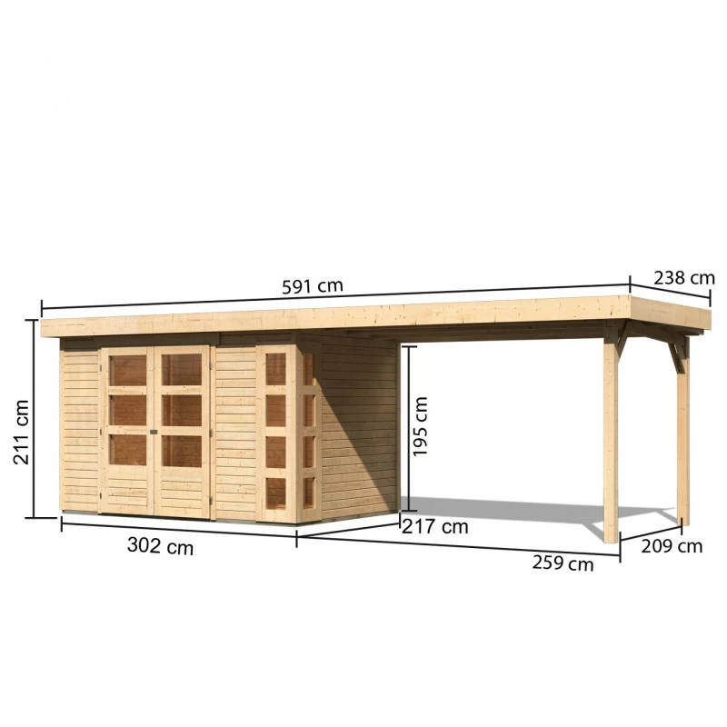 Abri De Jardin En Bois Massif 6,55m² Kerko 4 Avec Appentis 280cm – Karibu 2 Abri De Jardin En Bois Massif 6,55m² Kerko 4 Avec Appentis 280cm – Karibu – Image 2