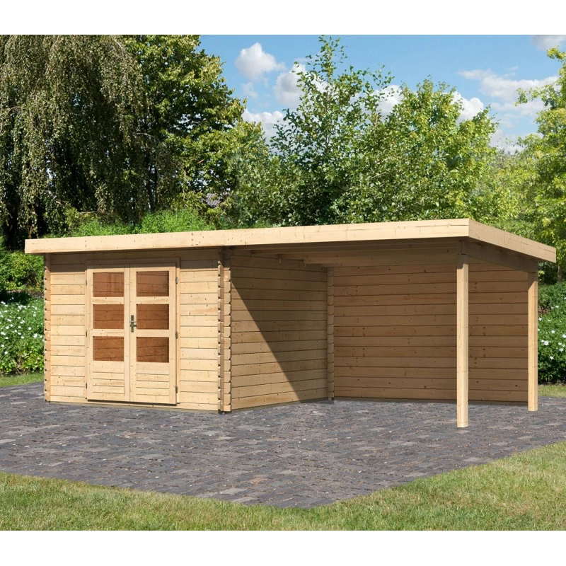 Abri De Jardin En Bois Massif 8,82m² Bastrup 5 Avec Appentis 300cm Et Paroi Arrière – Karibu 1 Abri De Jardin En Bois Massif 8,82m² Bastrup 5 Avec Appentis 300cm Et Paroi Arrière – Karibu