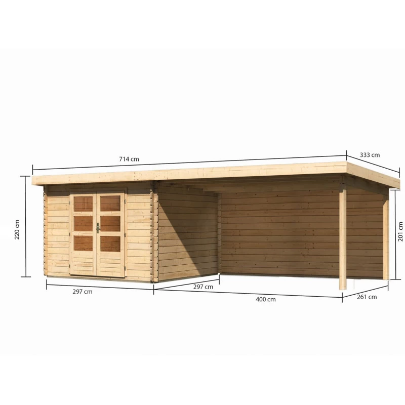 Abri De Jardin En Bois Massif 8,82m² Bastrup 5 Avec Appentis 400cm Et Paroi Arrière – Karibu 2 Abri De Jardin En Bois Massif 8,82m² Bastrup 5 Avec Appentis 400cm Et Paroi Arrière – Karibu – Image 2
