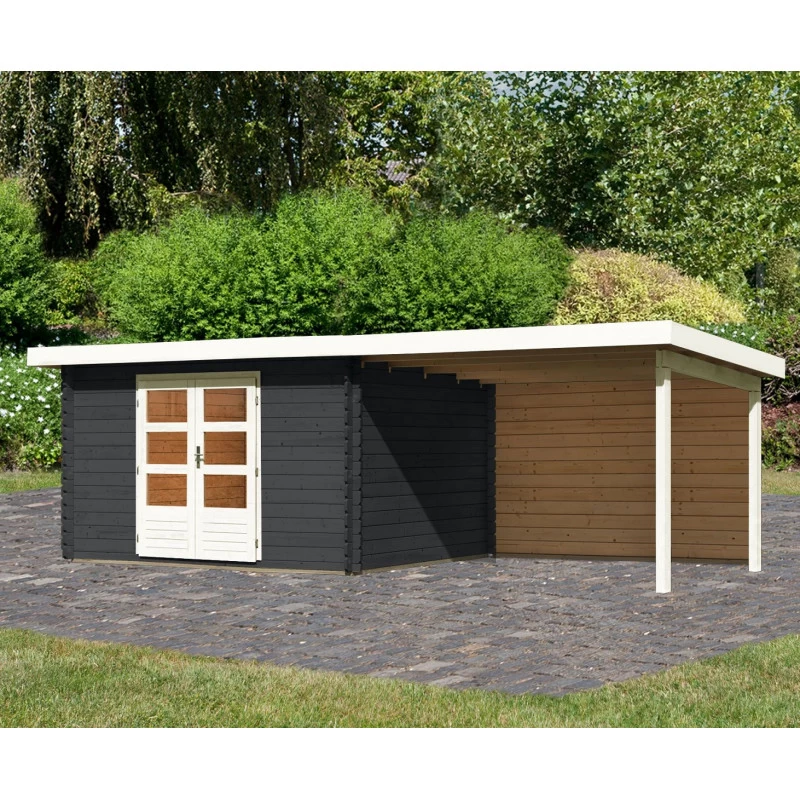 Abri De Jardin En Bois Massif Anthracite 10,60m² Bastrup 7 Avec Appentis 300cm Et Paroi Arrière – Karibu 1 Abri De Jardin En Bois Massif Anthracite 10,60m² Bastrup 7 Avec Appentis 300cm Et Paroi Arrière – Karibu
