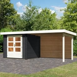 Abri De Jardin En Bois Massif Anthracite 5,62m² Bastrup 2 Avec Appentis 300cm Et Paroi Arrière – Karibu