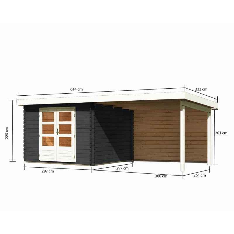 Abri De Jardin En Bois Massif Anthracite 8,82m² Bastrup 5 Avec Appentis 300cm Et Paroi Arrière – Karibu 2 Abri De Jardin En Bois Massif Anthracite 8,82m² Bastrup 5 Avec Appentis 300cm Et Paroi Arrière – Karibu – Image 2