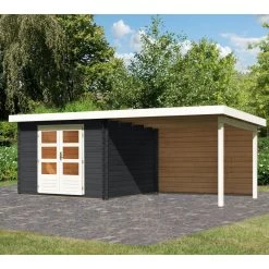 Abri De Jardin En Bois Massif Anthracite 8,82m² Bastrup 5 Avec Appentis 300cm Et Paroi Arrière – Karibu