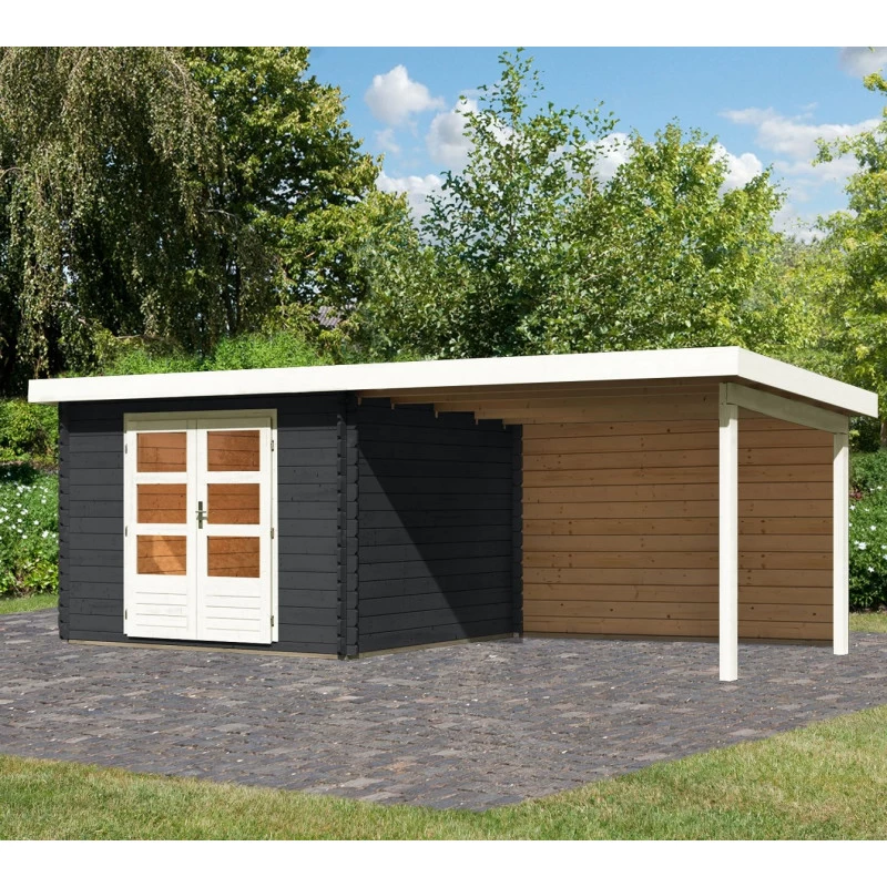 Abri De Jardin En Bois Massif Anthracite 8,82m² Bastrup 5 Avec Appentis 300cm Et Paroi Arrière – Karibu 1 Abri De Jardin En Bois Massif Anthracite 8,82m² Bastrup 5 Avec Appentis 300cm Et Paroi Arrière – Karibu