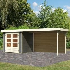 Abri De Jardin En Bois Massif Gris Terre 4,62m² Askola 2 Avec Appentis 280cm Et Paroi Arrière – Karibu