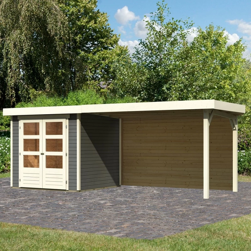 Abri De Jardin En Bois Massif Gris Terre 4,62m² Askola 2 Avec Appentis 280cm Et Paroi Arrière – Karibu 1 Abri De Jardin En Bois Massif Gris Terre 4,62m² Askola 2 Avec Appentis 280cm Et Paroi Arrière – Karibu