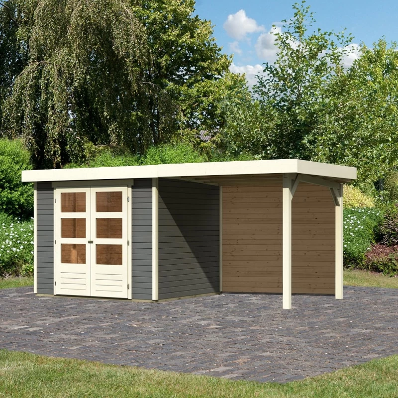 Abri De Jardin En Bois Massif Gris Terre 5,25m² Askola 3 Avec Appentis 240cm Et Paroi Arrière - Karibu 1 Abri De Jardin En Bois Massif Gris Terre 5,25m² Askola 3 Avec Appentis 240cm Et Paroi Arrière - Karibu