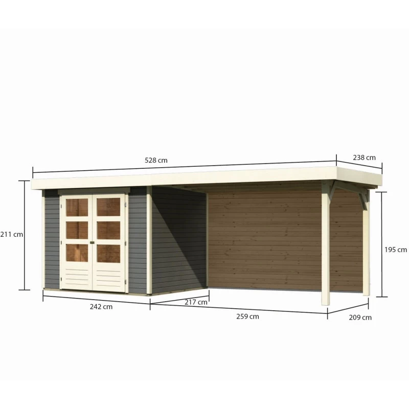 Abri De Jardin En Bois Massif Gris Terre 5,25m² Askola 3 Avec Appentis 280cm Et Paroi Arrière – Karibu 2 Abri De Jardin En Bois Massif Gris Terre 5,25m² Askola 3 Avec Appentis 280cm Et Paroi Arrière – Karibu – Image 2