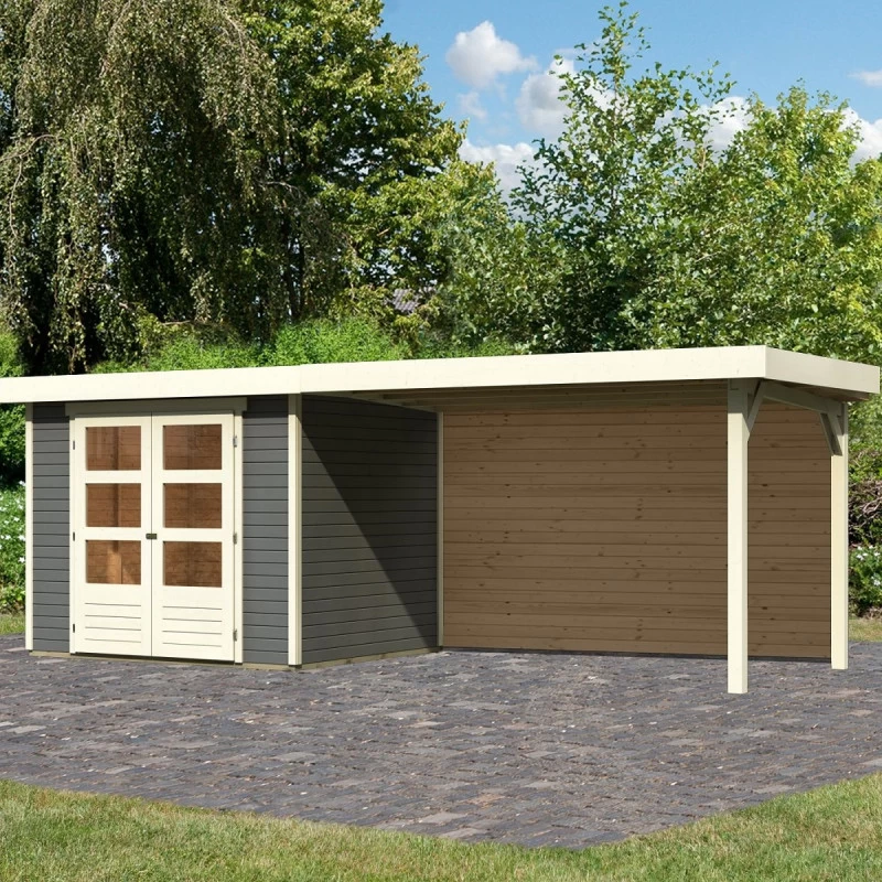 Abri De Jardin En Bois Massif Gris Terre 5,25m² Askola 3 Avec Appentis 280cm Et Paroi Arrière – Karibu 1 Abri De Jardin En Bois Massif Gris Terre 5,25m² Askola 3 Avec Appentis 280cm Et Paroi Arrière – Karibu