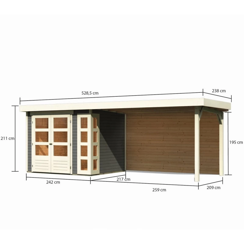 Abri De Jardin En Bois Massif Gris Terre 5,25m² Kerko 3 Avec Appentis 280cm Et Paroi Arrière – Karibu 2 Abri De Jardin En Bois Massif Gris Terre 5,25m² Kerko 3 Avec Appentis 280cm Et Paroi Arrière – Karibu – Image 2