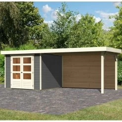 Abri De Jardin En Bois Massif Gris Terre 5,95m² Askola 3,5 Avec Appentis 280cm Et Paroi Arrière – Karibu