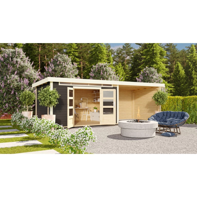 Abri De Jardin En Bois Massif Gris Terre 8,88m² Kandern 7 Avec Appentis 320cm Et Paroi Arrière – Karibu 2 Abri De Jardin En Bois Massif Gris Terre 8,88m² Kandern 7 Avec Appentis 320cm Et Paroi Arrière – Karibu – Image 2