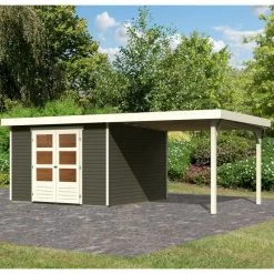 Abri De Jardin En Bois Massif Gris Terre 9,24m² Askola 6 Avec Appentis 280cm – Karibu