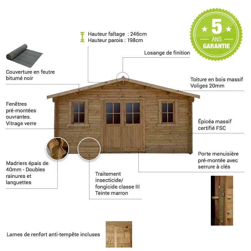 Abri En Bois Massif 19,8m² PLUS 40mm Traité Teinté Marron Gardy Shelter 5 Abri En Bois Massif 19,8m² PLUS 40mm Traité Teinté Marron Gardy Shelter – Image 5
