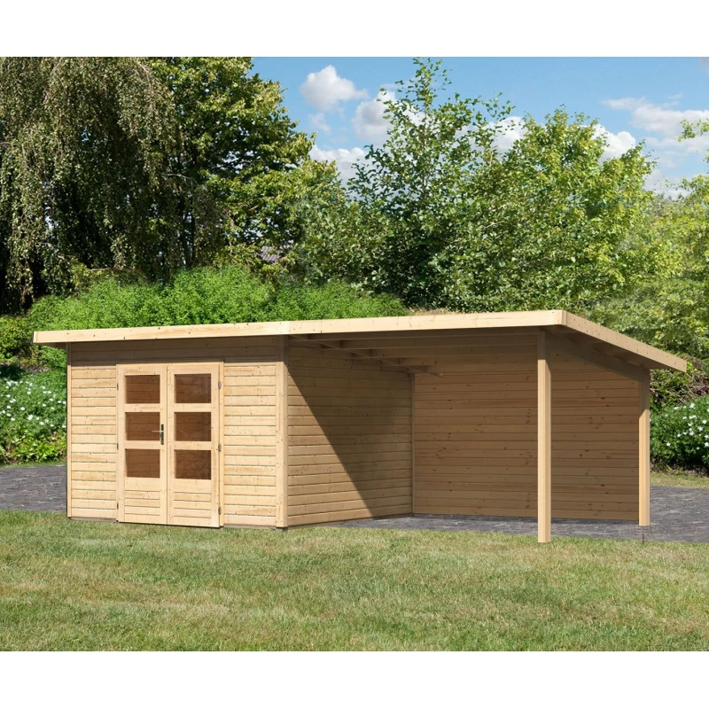 Abri Toit Plat 9,55m² Bois Massif 40mm Northeim 3 Avec Appentis 330cm Et Paroi Arrière – Karibu 1 Abri Toit Plat 9,55m² Bois Massif 40mm Northeim 3 Avec Appentis 330cm Et Paroi Arrière – Karibu