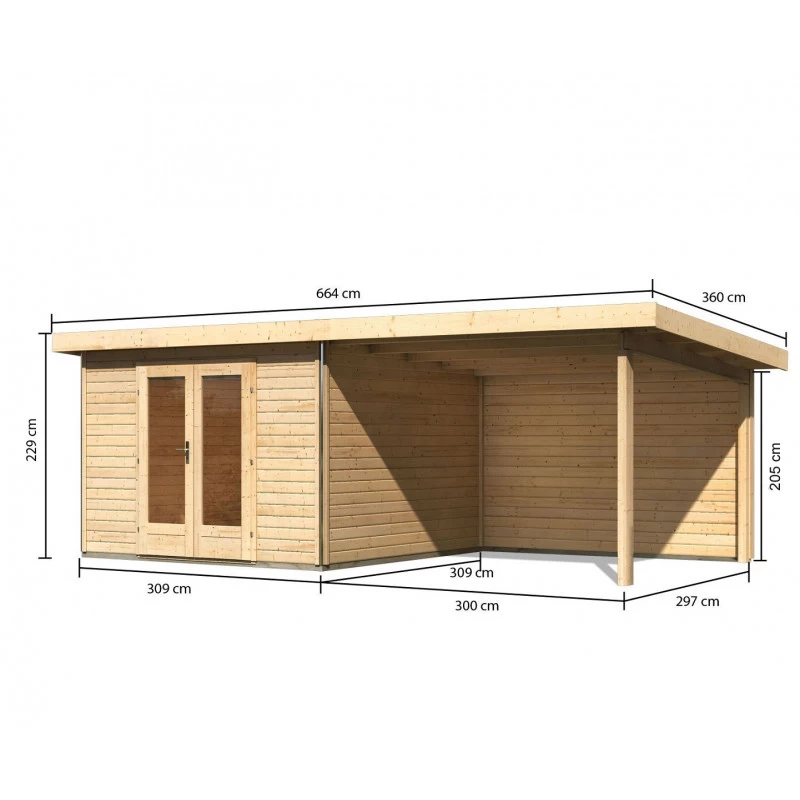 Abri Toit Plat 9,55m² Bois Massif 40mm Radeburg 1 Avec Appentis 330cm Et Paroi Arrière – Karibu 2 Abri Toit Plat 9,55m² Bois Massif 40mm Radeburg 1 Avec Appentis 330cm Et Paroi Arrière – Karibu – Image 2