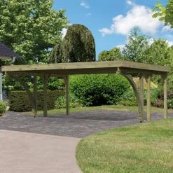 Carport Double En Bois Autoclave 28,3m², Toit En PVC Gris Et Deux Poteaux En Arc – KARIBU
