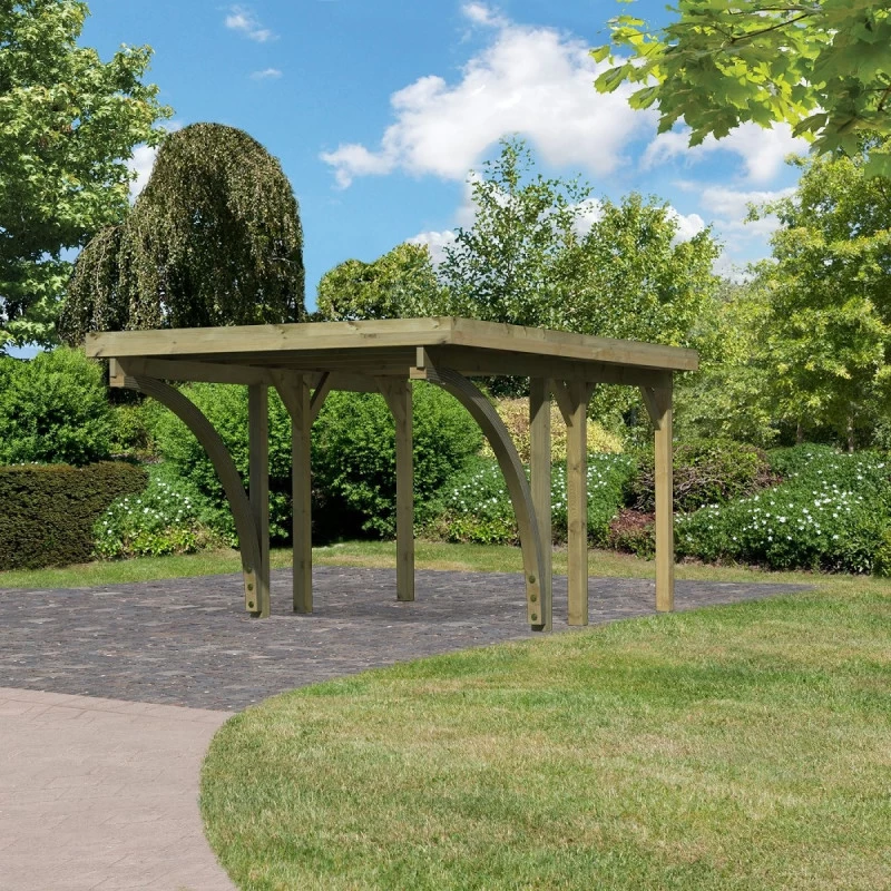 Carport En Bois Autoclave 15m², Toit En Acier Et Deux Poteaux En Arc – KARIBU 1 Carport En Bois Autoclave 15m², Toit En Acier Et Deux Poteaux En Arc – KARIBU