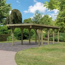 Carport En Bois Autoclave 26,9m² Avec Poteau En Arc Et Toit En PVC Gris – KARIBU