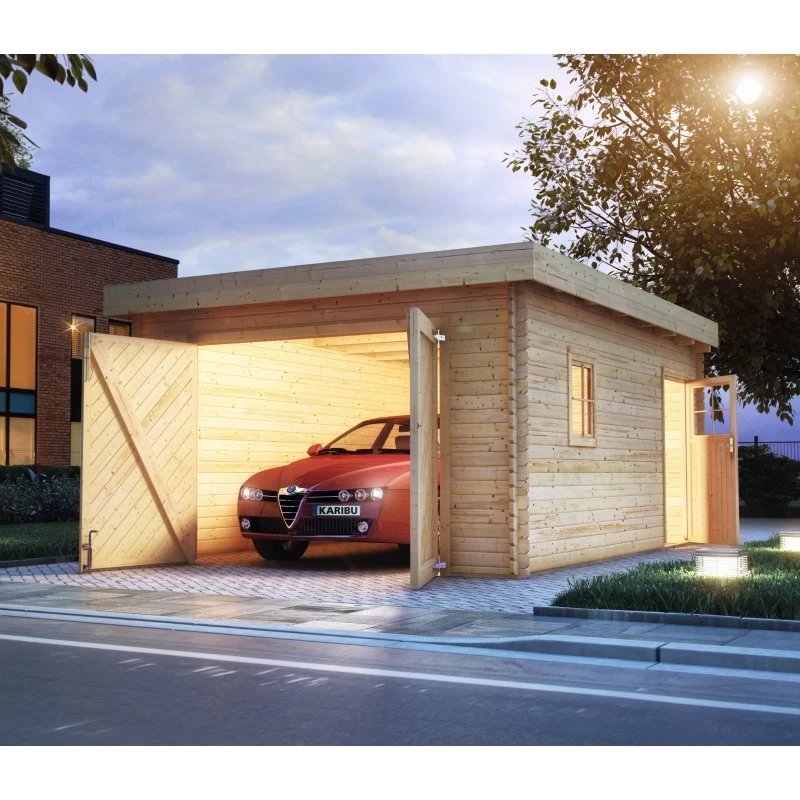Garage En Bois Massif 20,78m² Toit Plat – Madriers 40mm - Karibu 1 Garage En Bois Massif 20,78m² Toit Plat – Madriers 40mm - Karibu