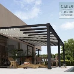 Pergola Adossée Stockholm 350x810cm Aluminium Gris Et Polycarbonate Avec Stores De Toit Rétractables – Palram - Canopia -Jardin Fournitures Rabais pergola adossee stockholm 350x810cm aluminium gris et polycarbonate avec stores de toit retractables palram 3