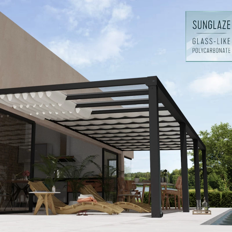 Pergola Adossée Stockholm 350x950cm Aluminium Gris Et Polycarbonate Avec Stores De Toit Rétractables – Palram - Canopia 4 Pergola Adossée Stockholm 350x950cm Aluminium Gris Et Polycarbonate Avec Stores De Toit Rétractables – Palram - Canopia – Image 4