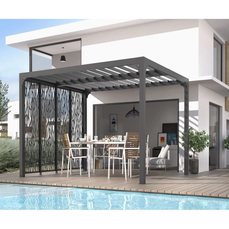 Pergola Bioclimatique Aluminium Anthracite 10,80m² Toit Avec Lames Ovales + 4 Panneaux Moucharabieh Gris Pour Côté 3m HABRITA 1 Pergola Bioclimatique Aluminium Anthracite 10,80m² Toit Avec Lames Ovales + 4 Panneaux Moucharabieh Gris Pour Côté 3m HABRITA