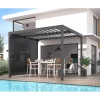Pergola Bioclimatique Aluminium Anthracite 10,80m² Toit Avec Lames Ovales Aluminium + Rideau Gris Pour Côté 3m HABRITA