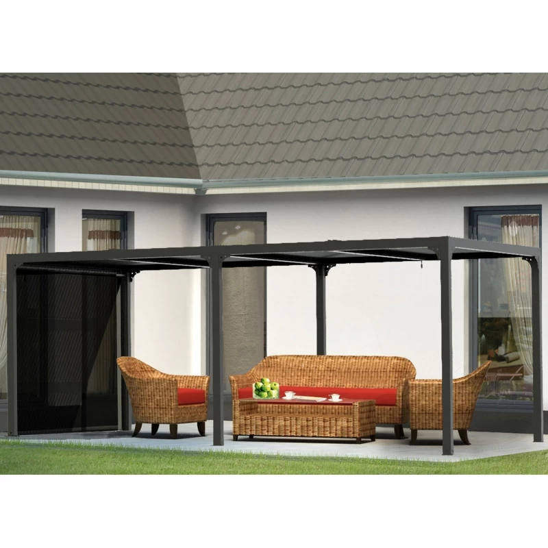 Pergola Bioclimatique Aluminium Anthracite 21,52m² + Toit Avec Lames Ovales + 1 Rideau Pour Côté 3,60m HABRITA 1 Pergola Bioclimatique Aluminium Anthracite 21,52m² + Toit Avec Lames Ovales + 1 Rideau Pour Côté 3,60m HABRITA